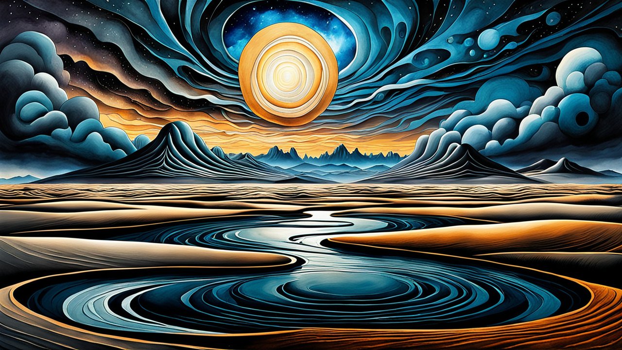 Surreal Abstract Landscape with Radiant Orb and Flowing River