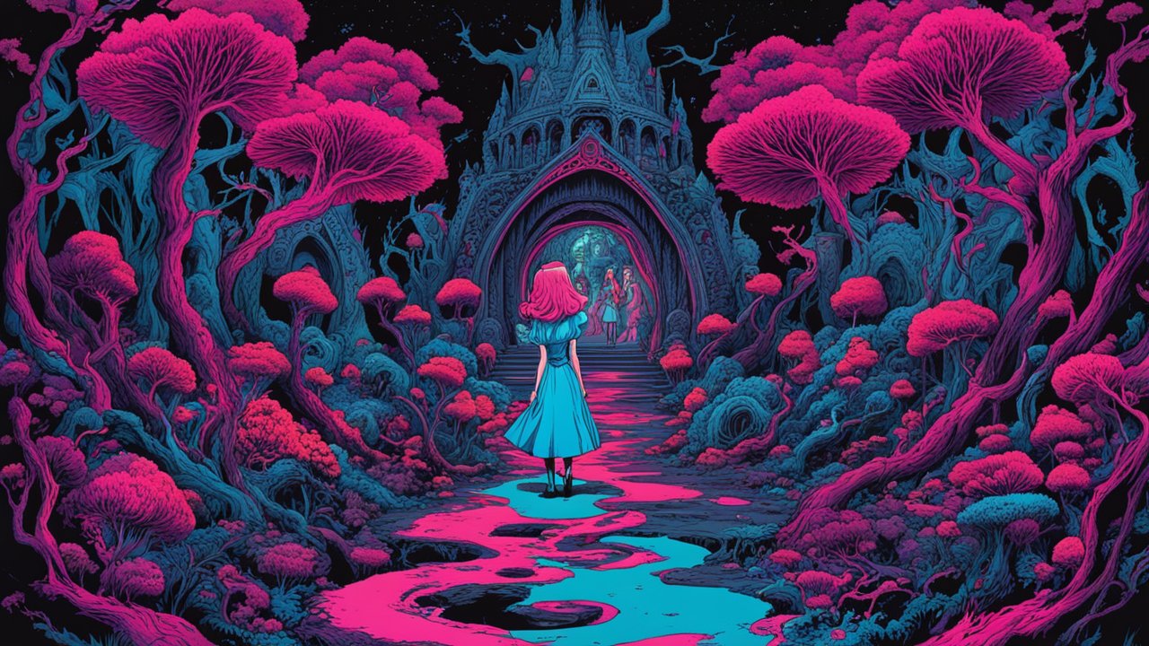 Surreal Alice in a Neon Wonderland Forest