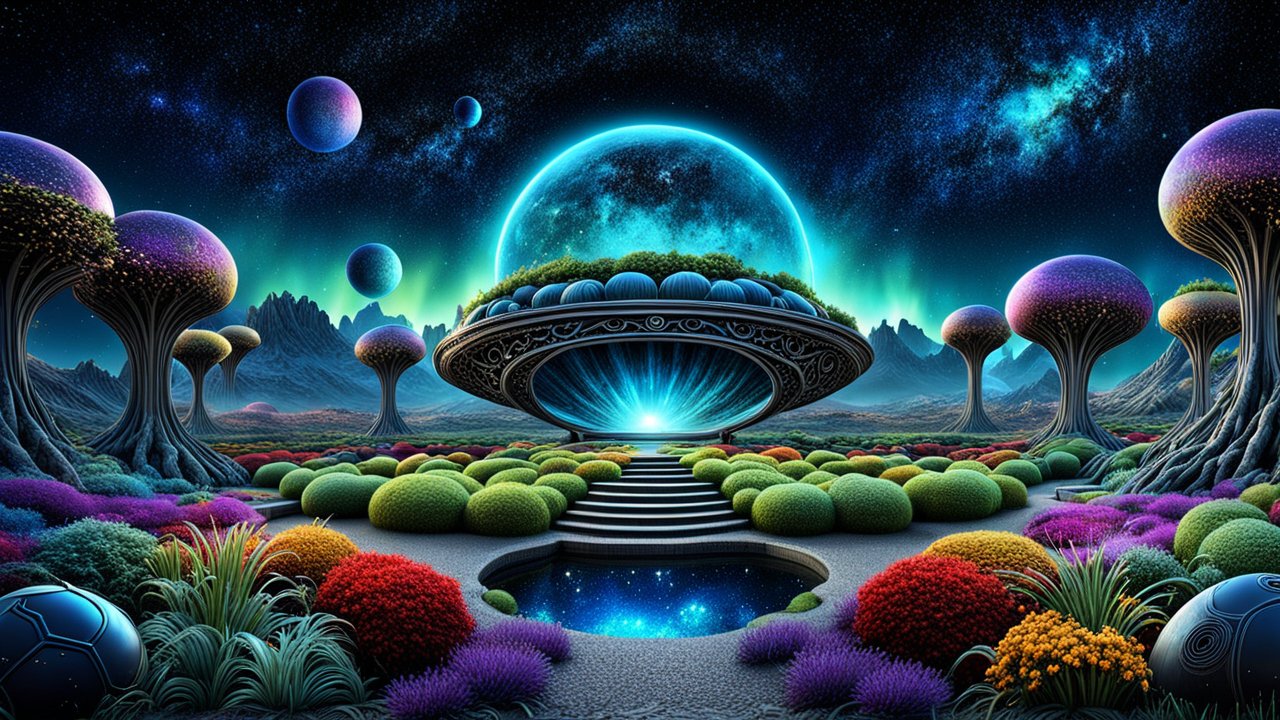 Surreal Alien Landscape with Futuristic UFO and Colorful Flora