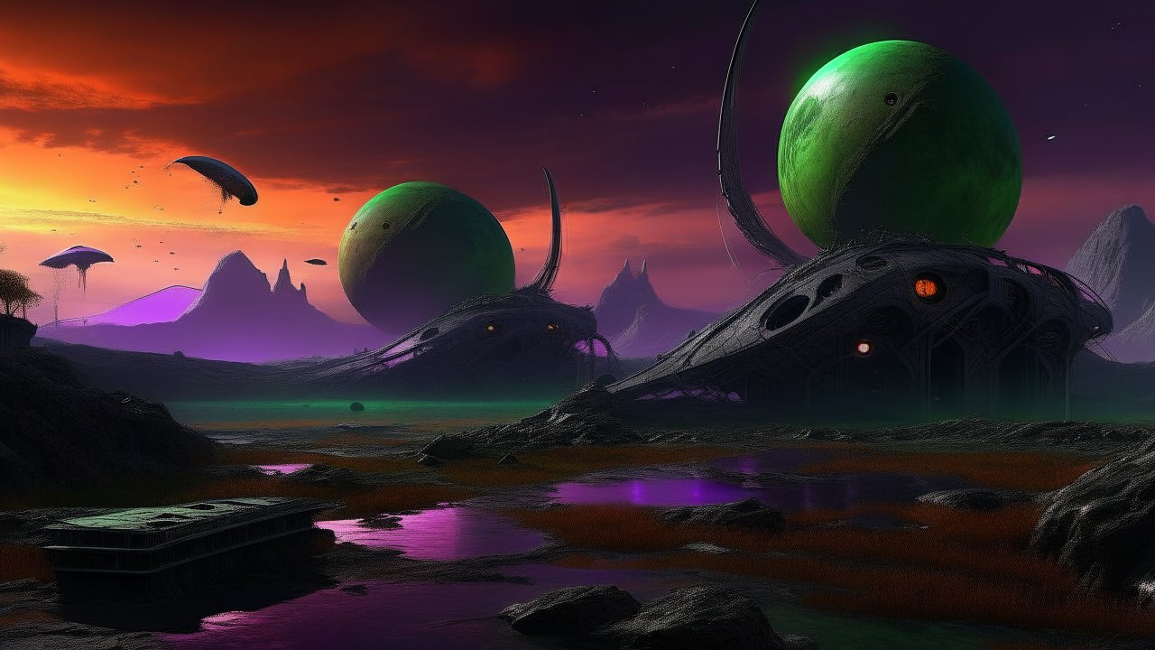 Surreal Alien Landscape with Giant Green Spheres at Sunset