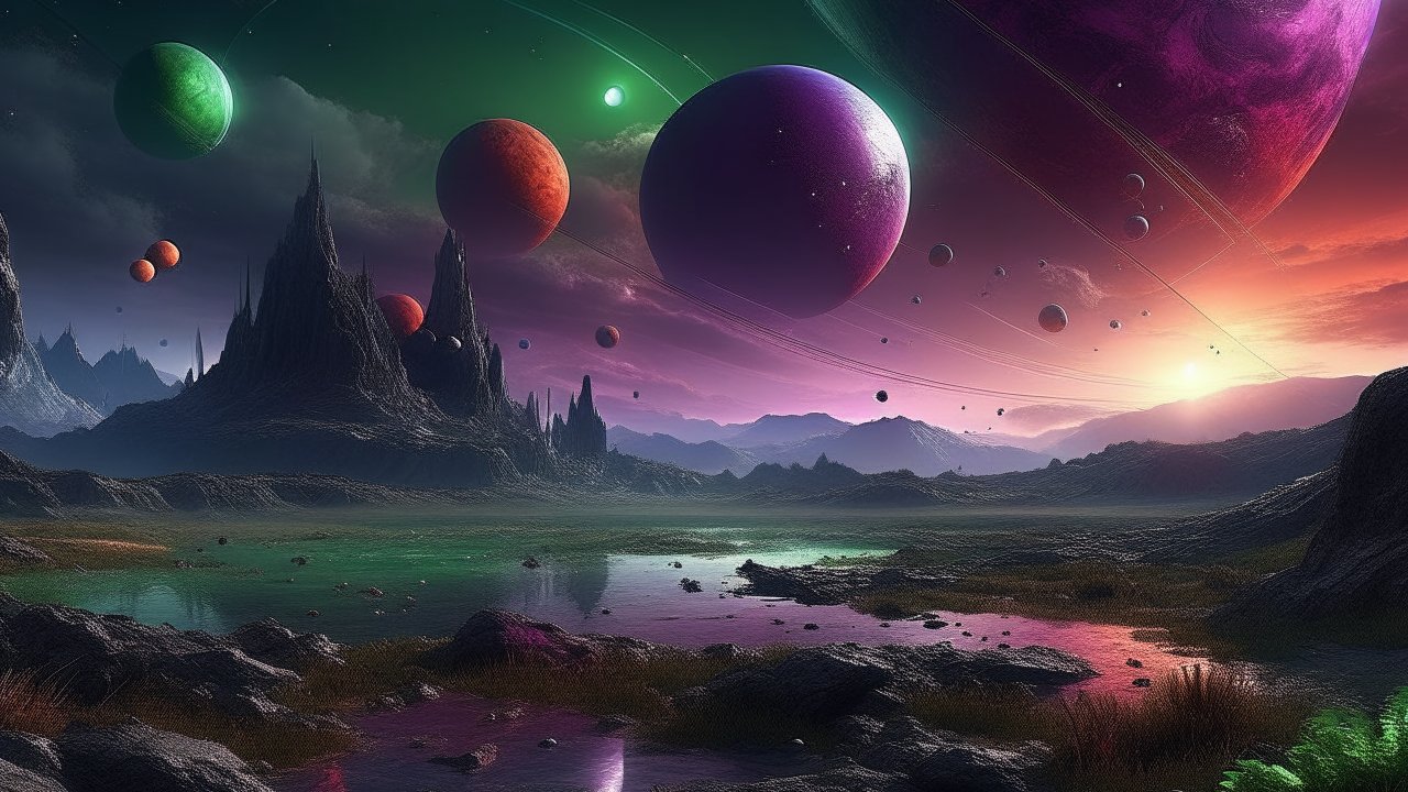 Surreal Alien Landscape with Multiple Colorful Planets