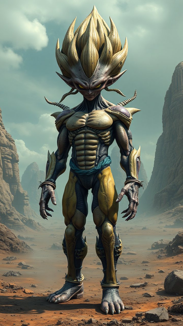 Surreal Alien Warrior in Rocky Desert Landscape