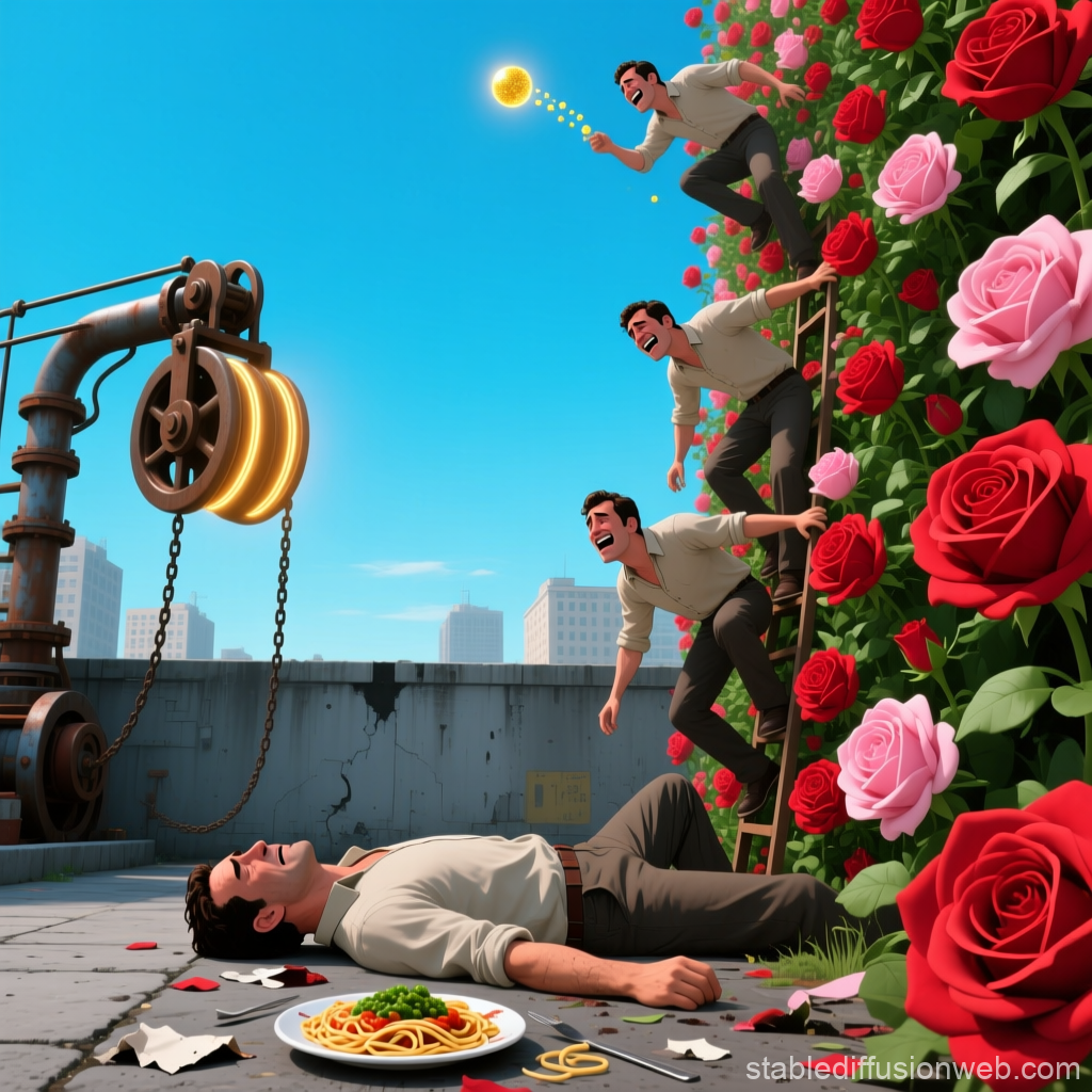 Surreal Ascend of a Man Through Roses and Ladder