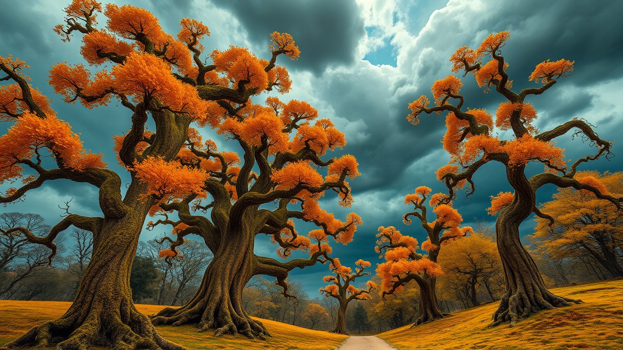 Surreal Autumn Trees Under Dramatic Sky