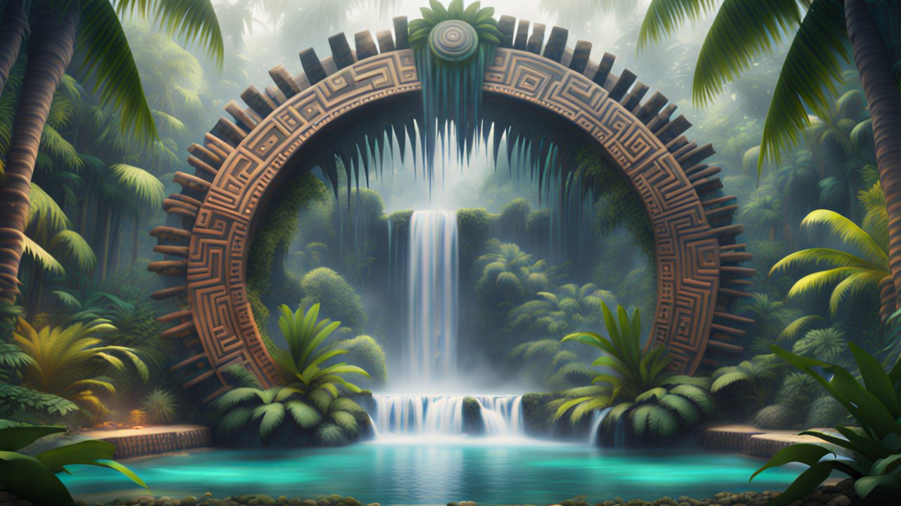 Surreal Aztec Stargate in Lush Jungle with Waterfall