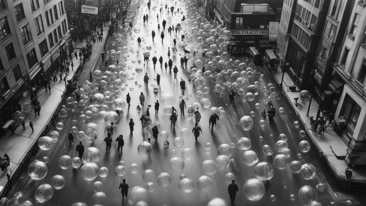 Surreal Black and White City Street with Floating Bubbles