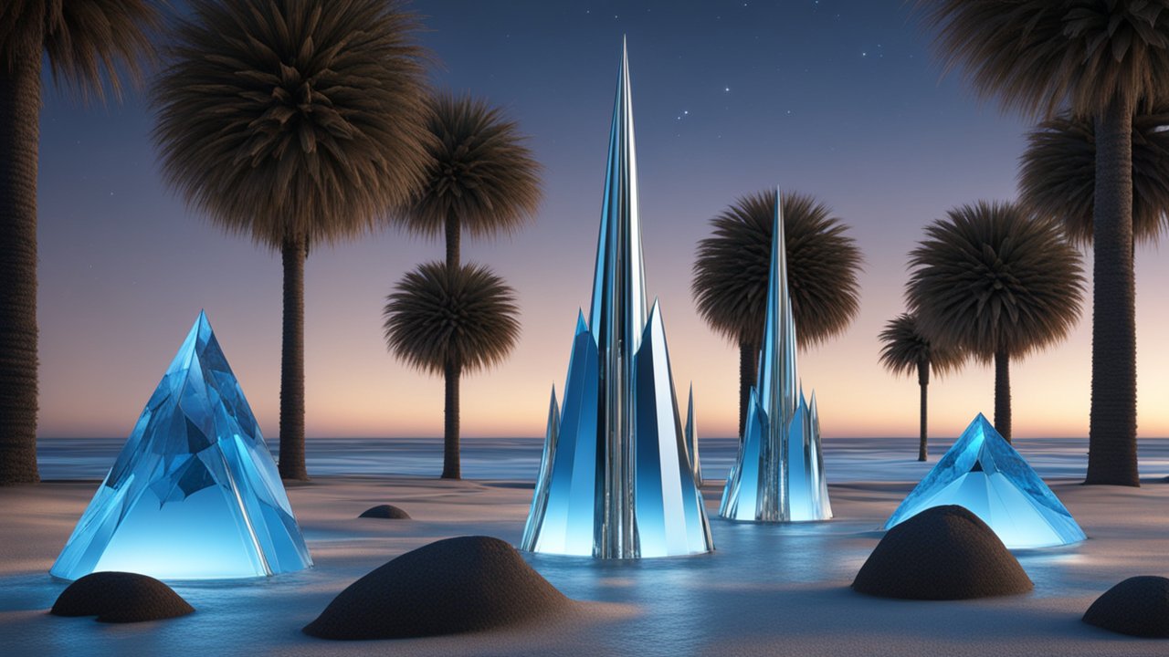 Surreal Blue Crystal Spires Among Palm Trees at Twilight