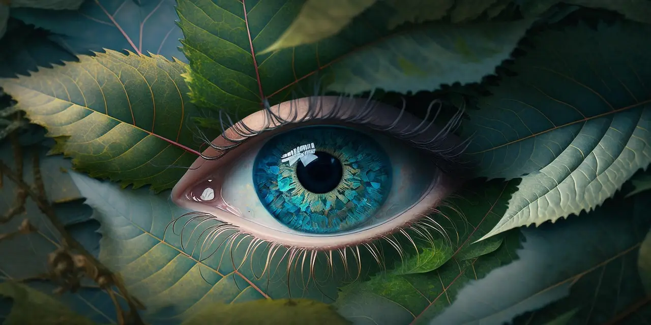 Surreal Blue Eye Among Green Leaves