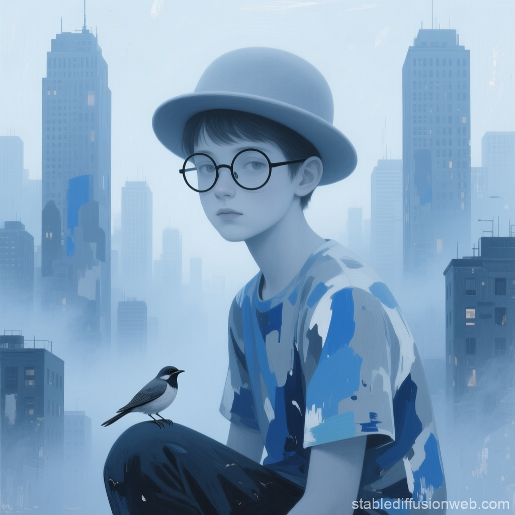 Surreal Blue-Grey Cityscape Portrait of a Boy with Bird