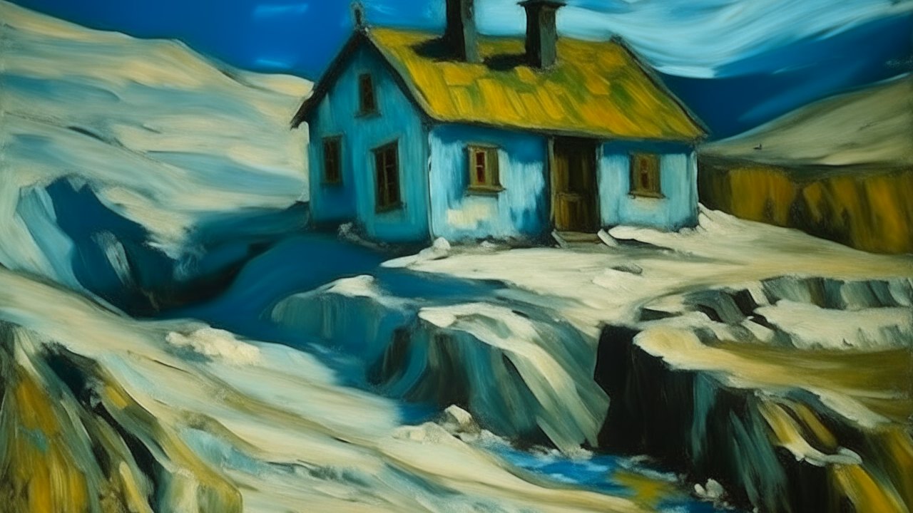 Surreal Blue House on Rocky Snowy Landscape