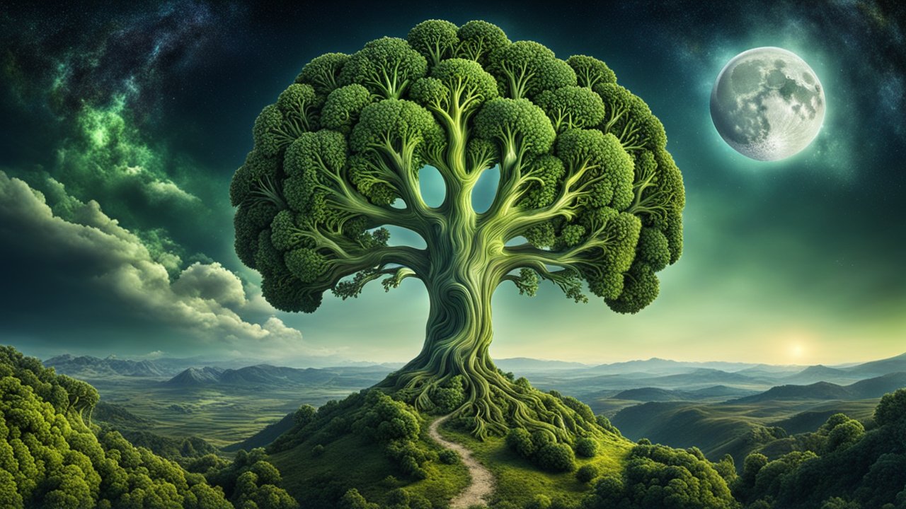 Surreal Broccoli Tree Under a Full Moon
