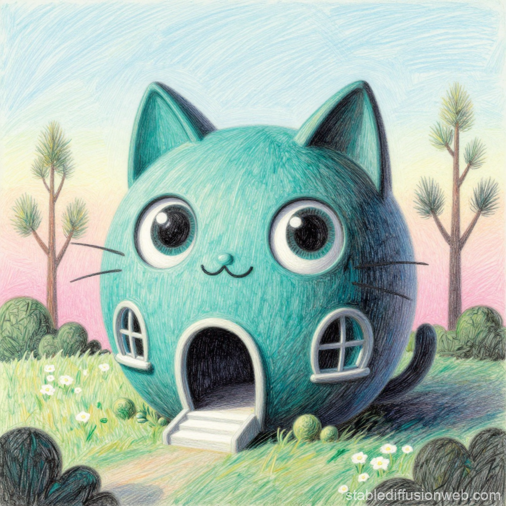 Surreal Cat-Shaped House in Pastel Landscape