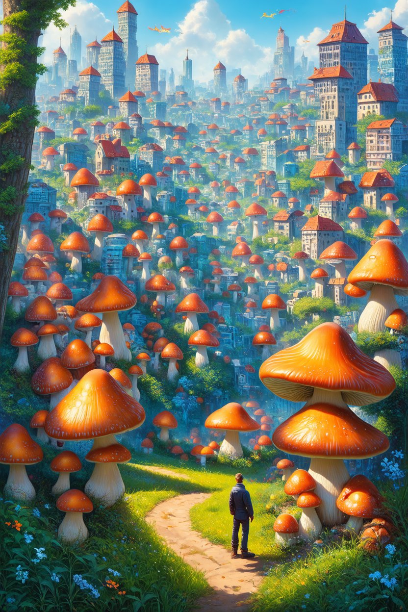 Surreal City of Giant Mushrooms and Towering Buildings
