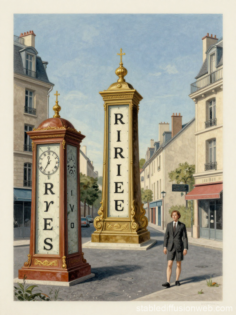 Surreal City Street with Ornate Clock Pillars