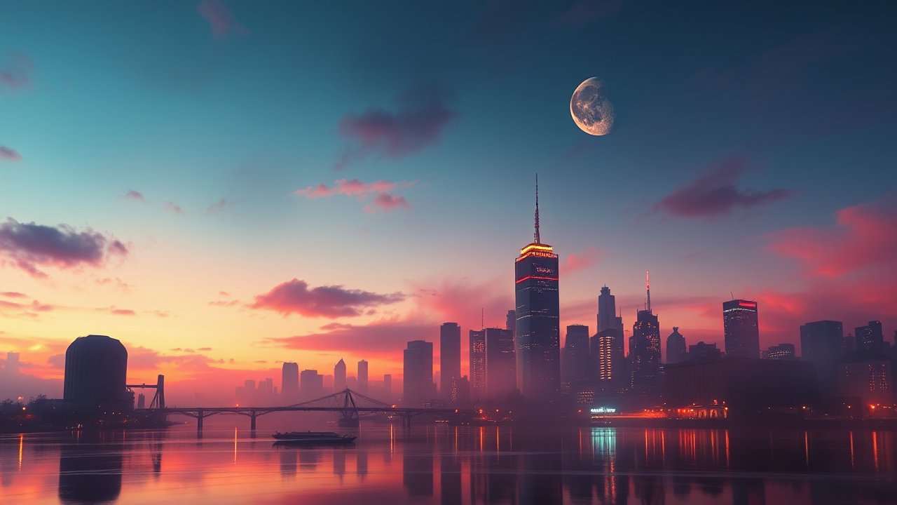 Surreal Cityscape at Twilight with a Large Moon
