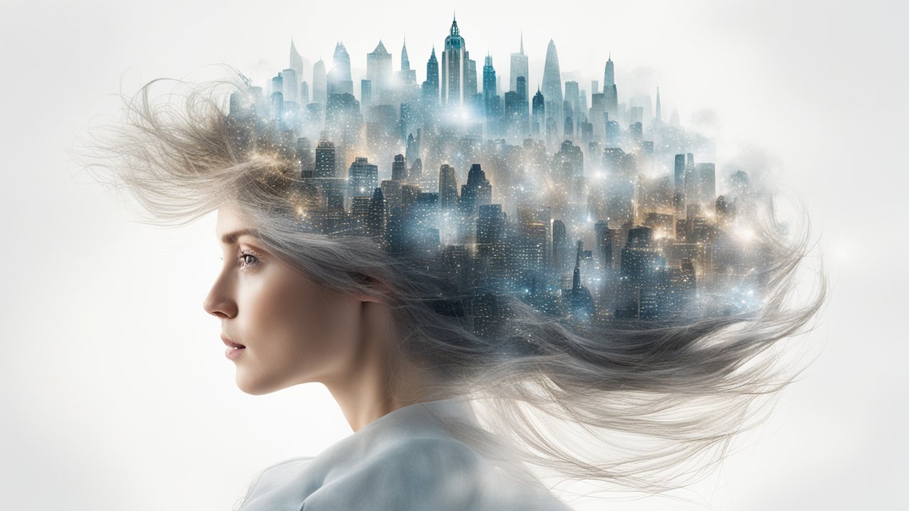 Surreal Cityscape Emerging from Woman's Hair