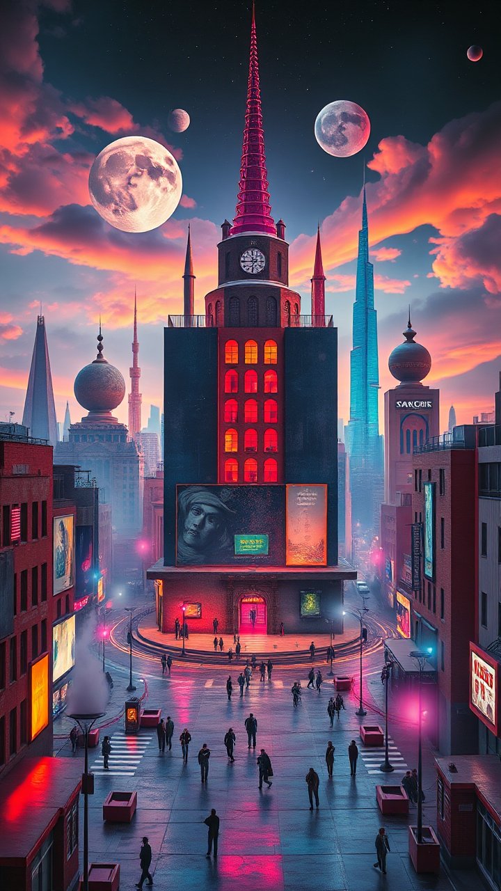 Surreal Cityscape with Multiple Moons and Neon Lights