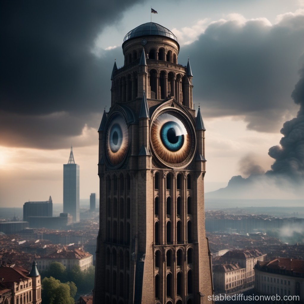 Surreal Clock Tower with Giant Human Eyes