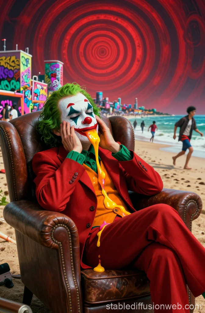 Surreal Clown on Beach with Melting Face Paint