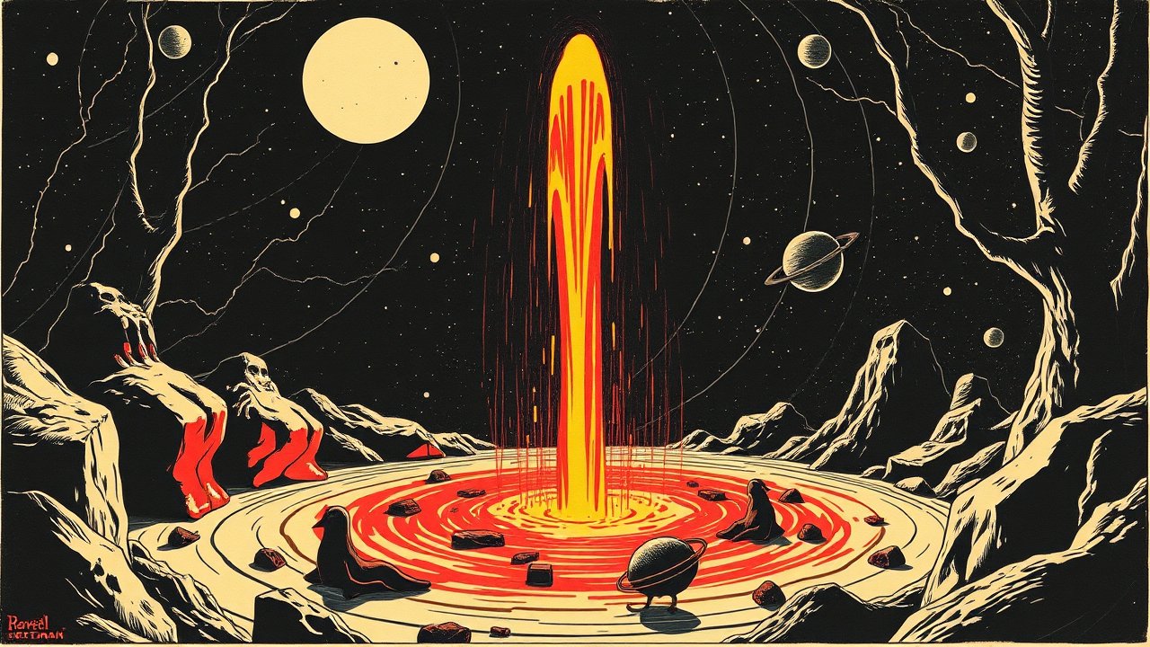 Surreal Cosmic Fountain Erupting in Alien Landscape