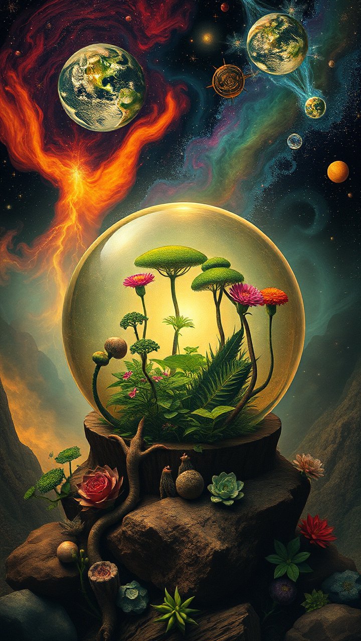 Surreal Cosmic Garden in a Glass Sphere