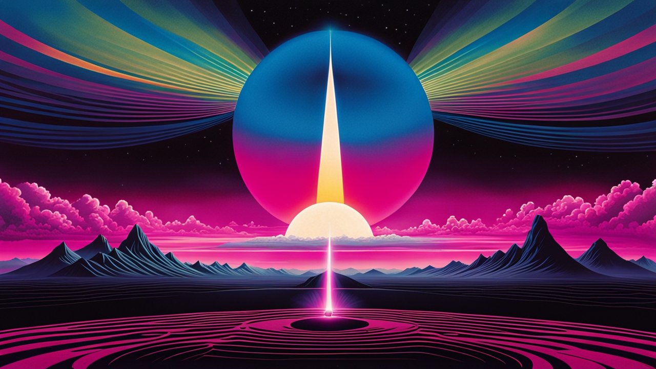 Surreal Cosmic Sunrise with Vibrant Neon Landscape