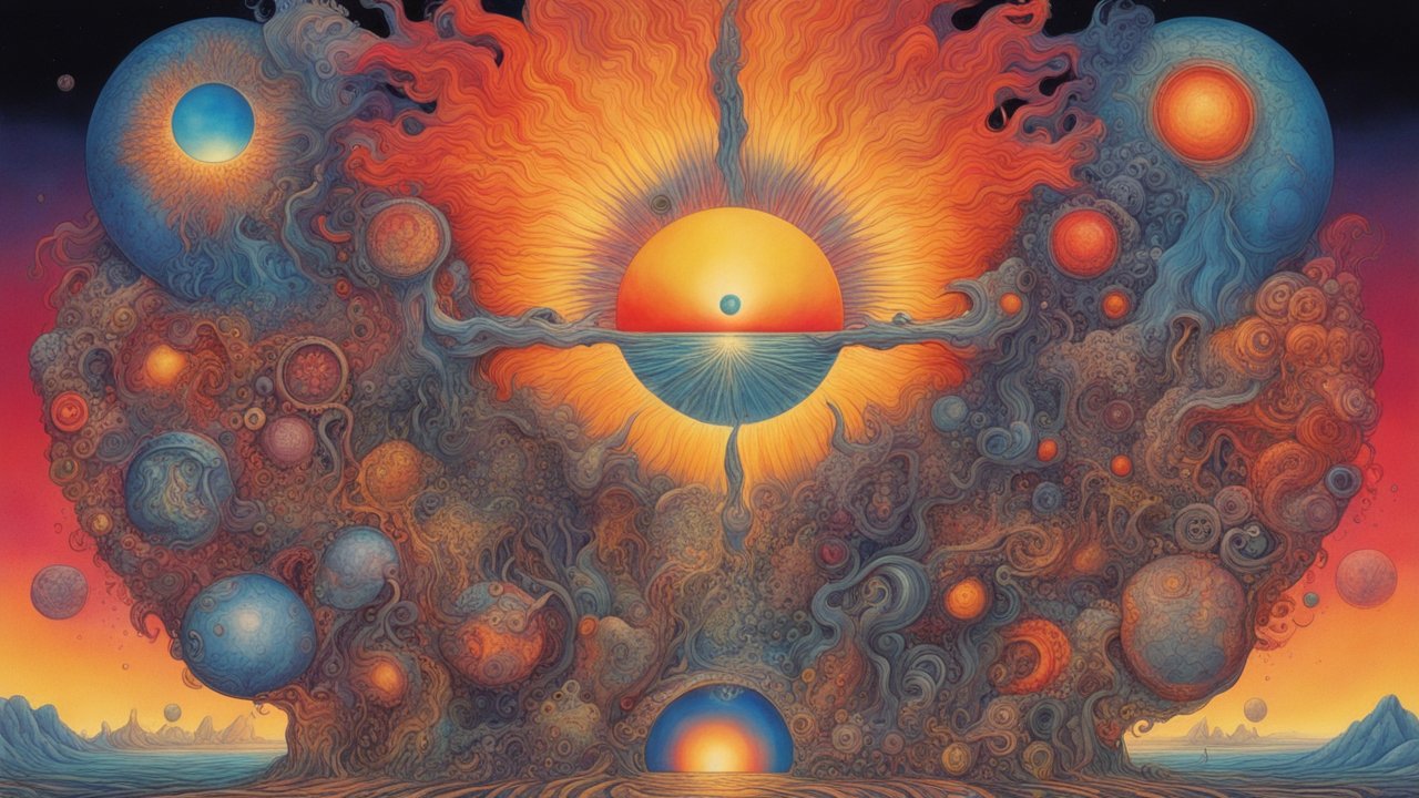 Surreal Cosmic Sunset with Abstract Planetary Forms
