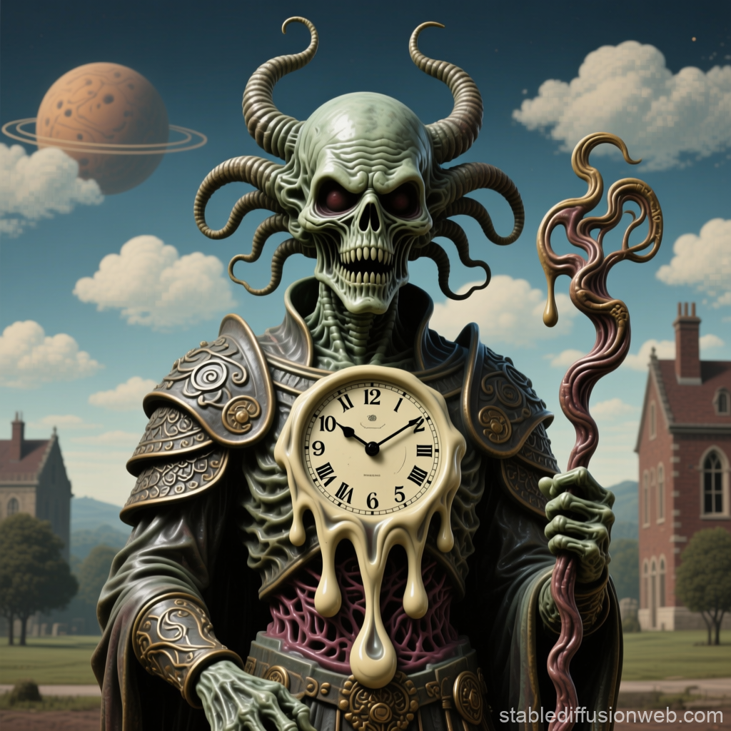 Surreal Cult Guardian with Melting Clock and Horned Skull