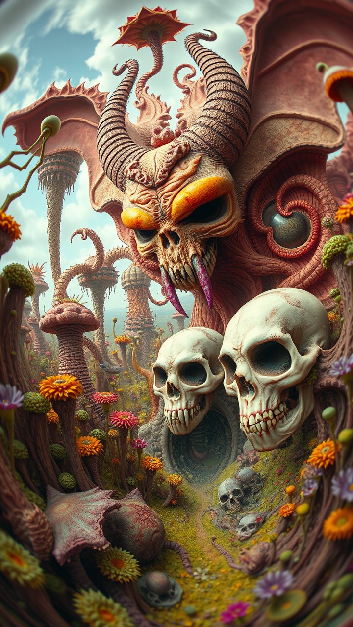 Surreal Demonic Landscape with Giant Skulls and Twisted Flora