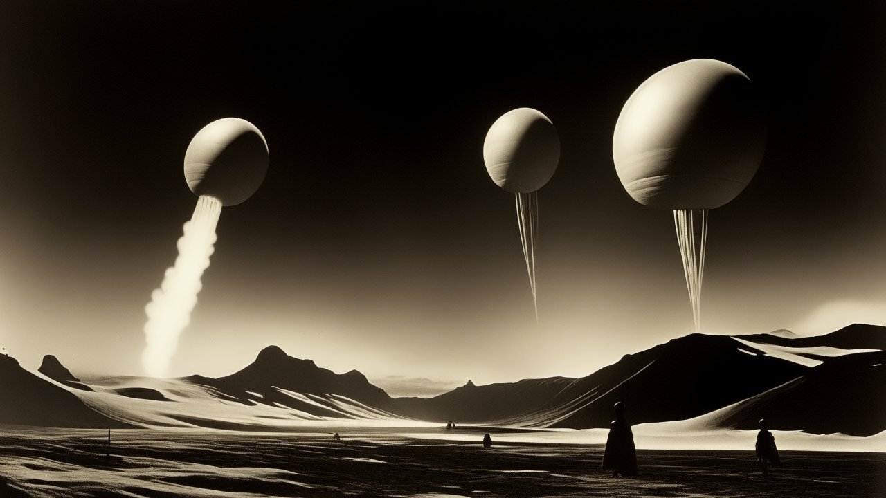 Surreal Desert Landscape with Floating Spherical Balloons