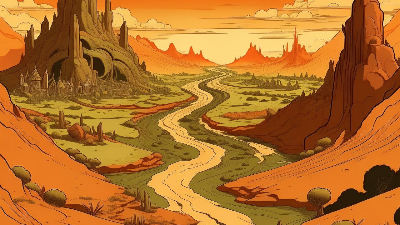 Surreal Desert Landscape with Winding River and Rock Formations