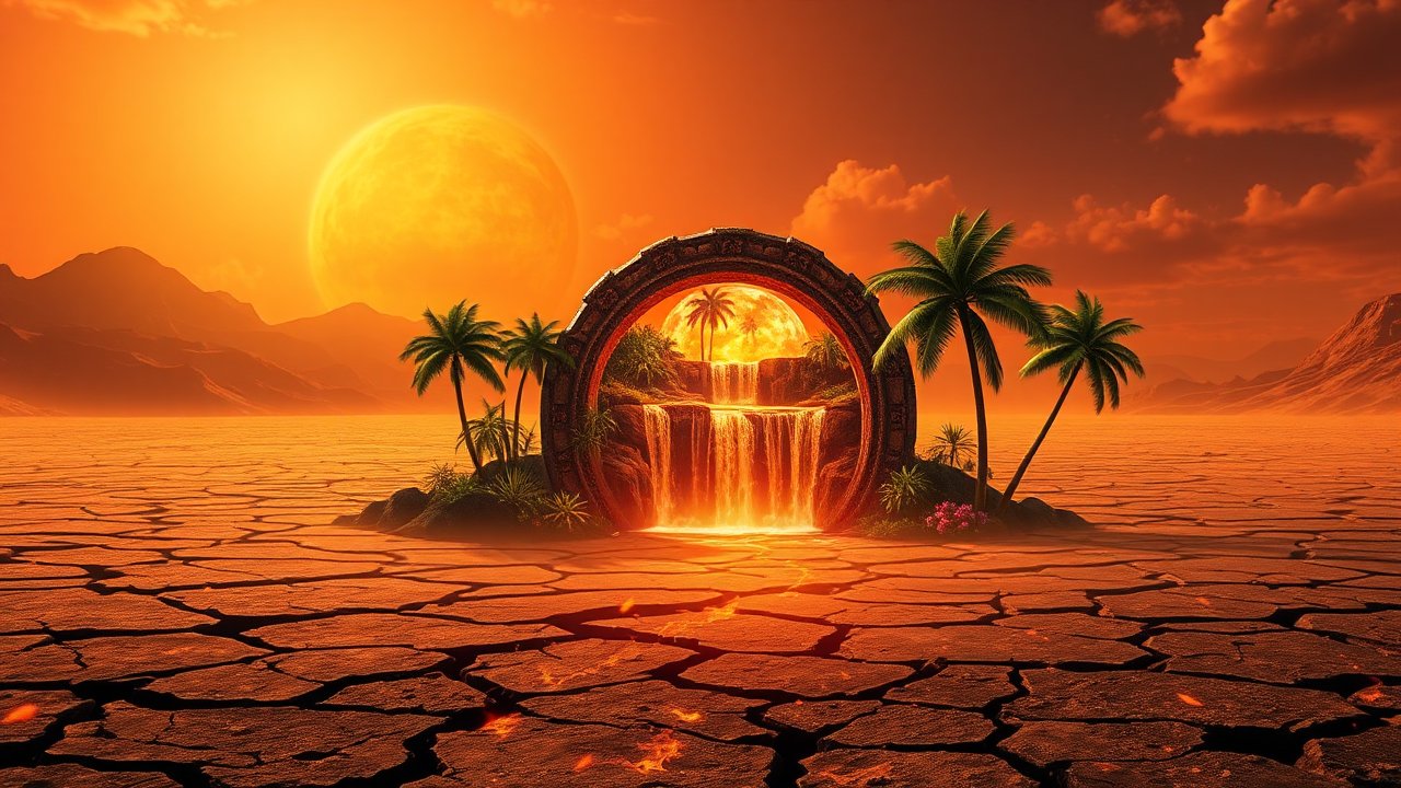 Surreal Desert Portal with Waterfall and Palm Trees at Sunset