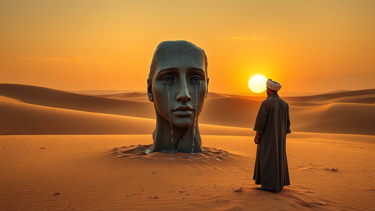 Surreal Desert Scene with Giant Crying Statue and Man at Sunset