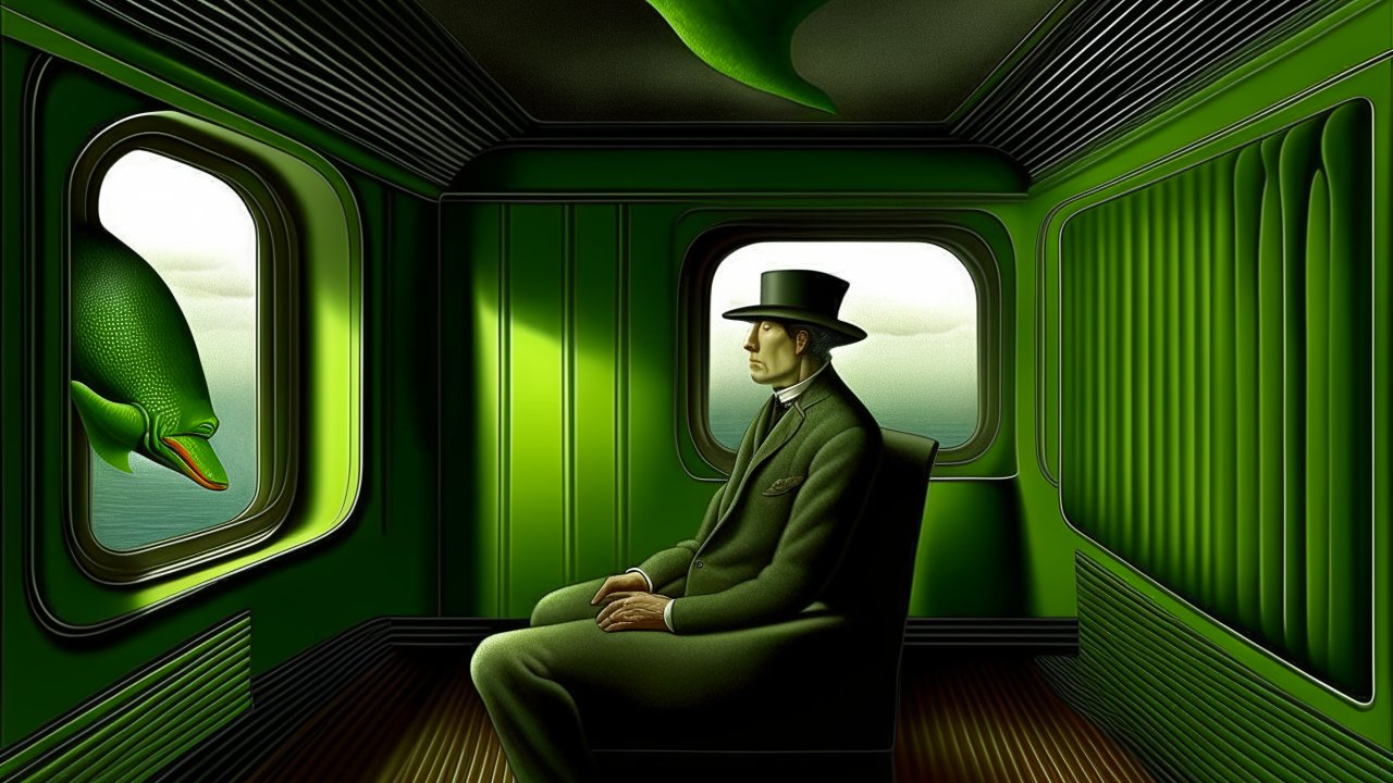 Surreal Encounter in a Green Room with a Man and a Sea Creature
