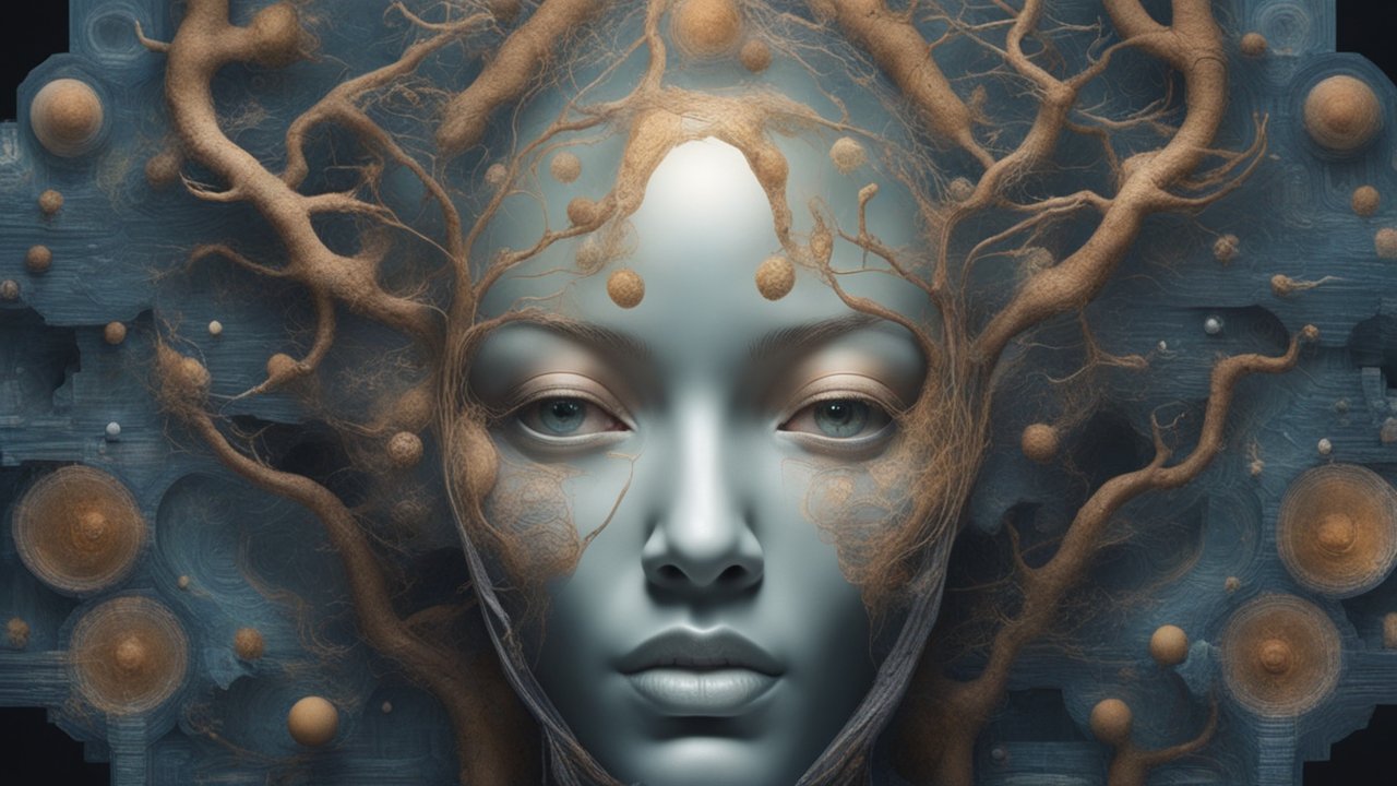 Surreal Face with Organic Branches and Spheres