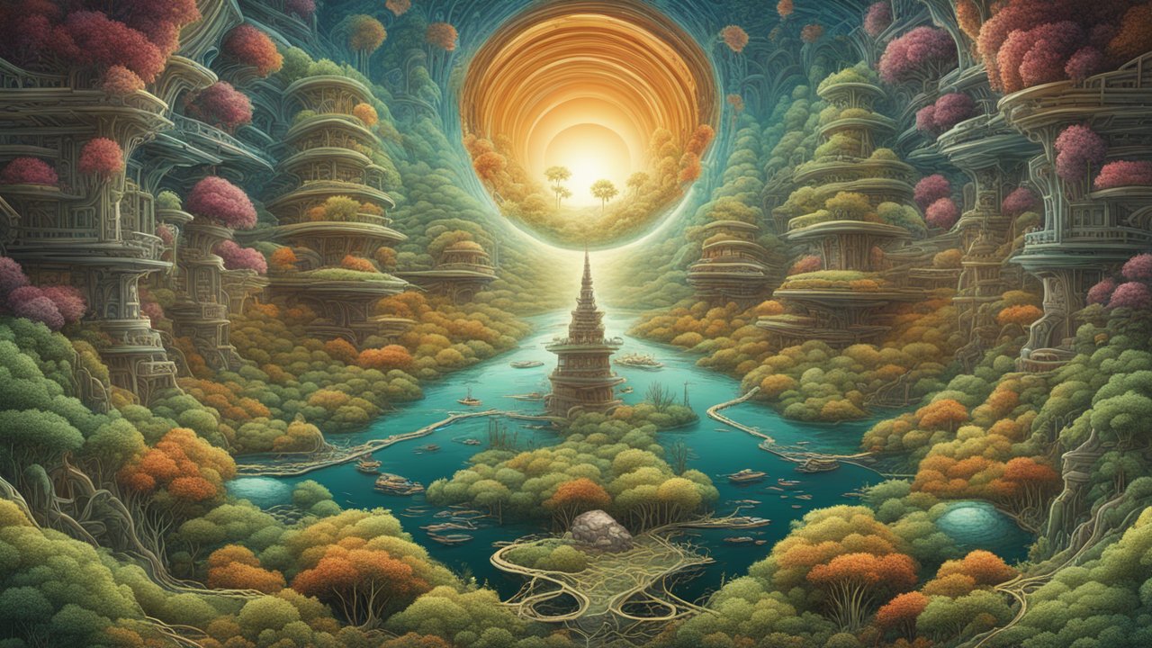 Surreal Fantasy Landscape with Towering Structures and Radiant Sun