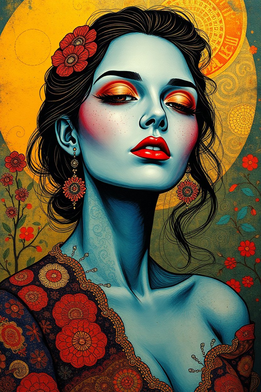 Surreal Fauvist Portrait of a Woman with Floral Motifs