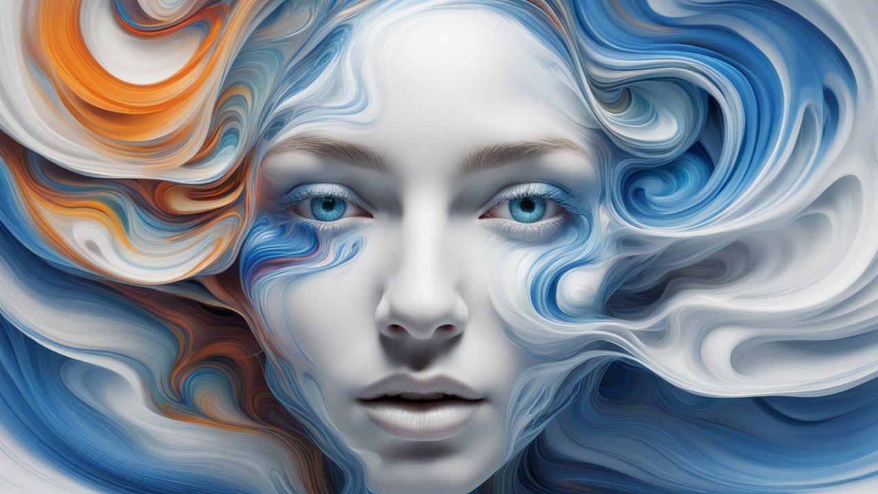 Surreal Female Face with Flowing Abstract Swirls
