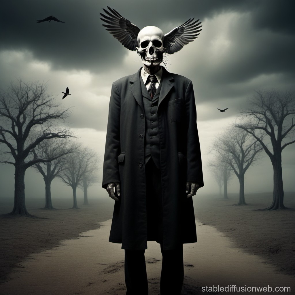 Surreal Figure with Skull Head and Wings in Dark Landscape