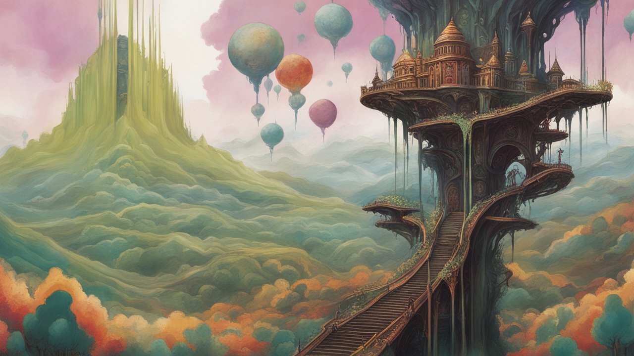 Surreal Floating Castle Above Misty Landscape