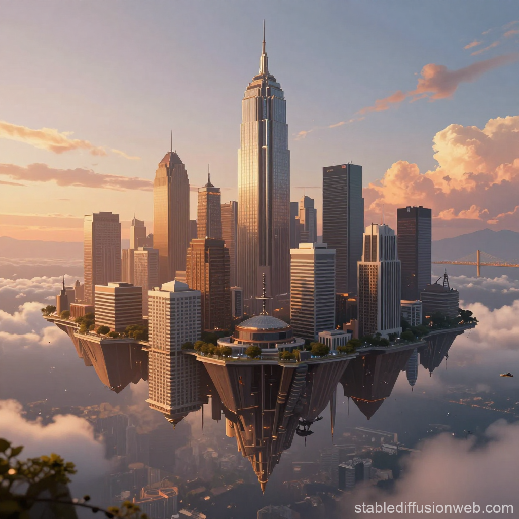 Surreal Floating City at Sunset