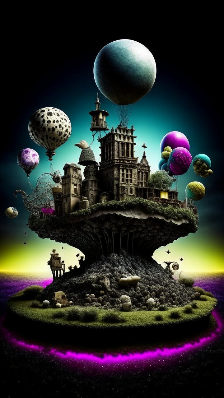 Surreal Floating Island with Hot Air Balloons and Fantasy Architecture