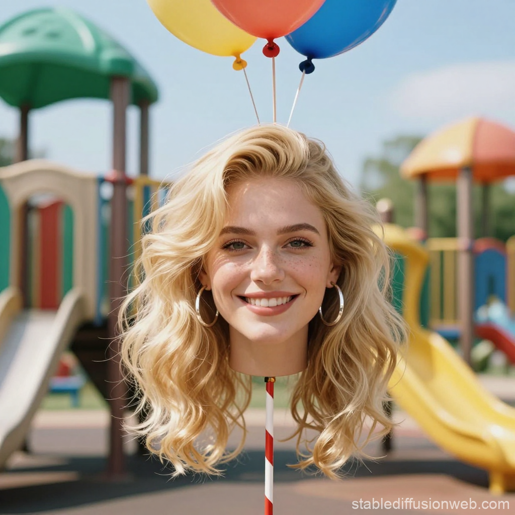 Surreal Floating Woman's Head with Balloons at Playground