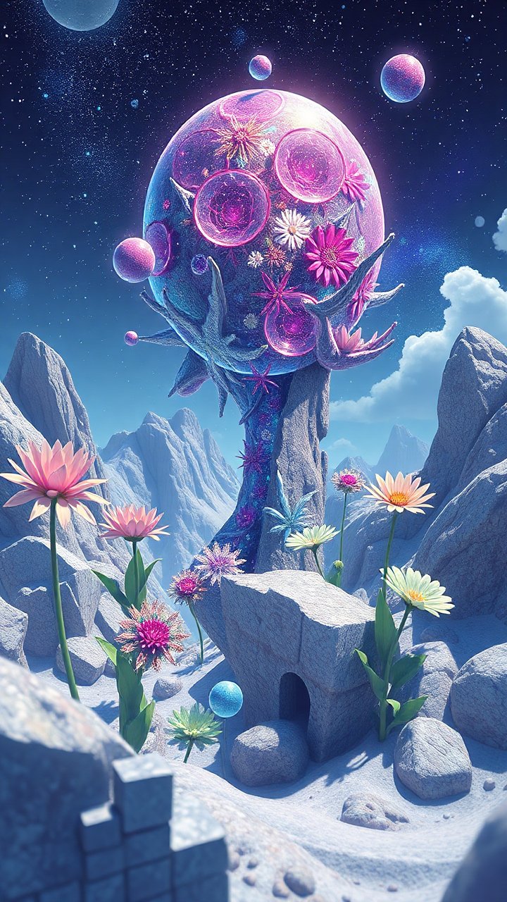 Surreal Floral Planet in a Rocky Alien Landscape