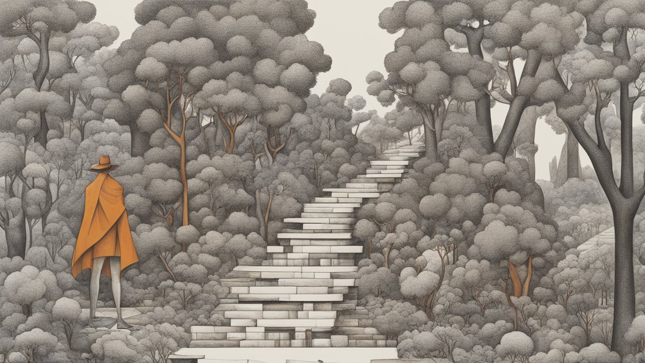 Surreal Forest Path with Figure in Orange Cloak