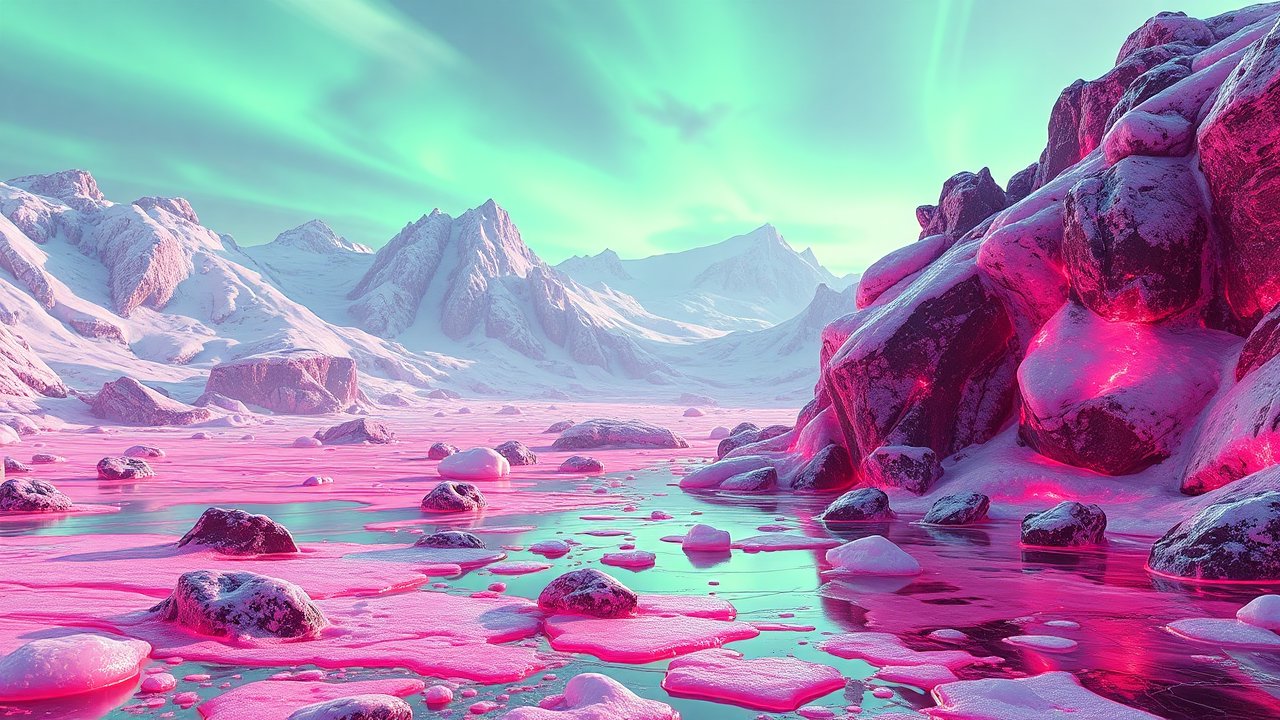 Surreal Frozen Landscape with Neon Pink Ice and Northern Lights