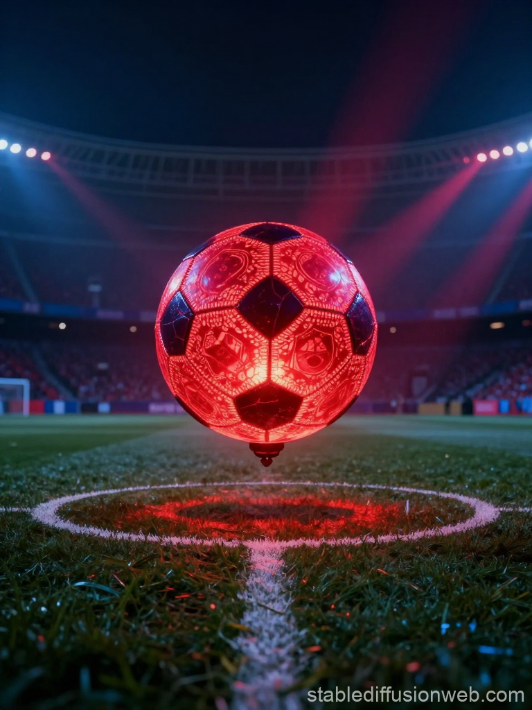 Surreal Glowing Red Soccer Ball on Stadium Field