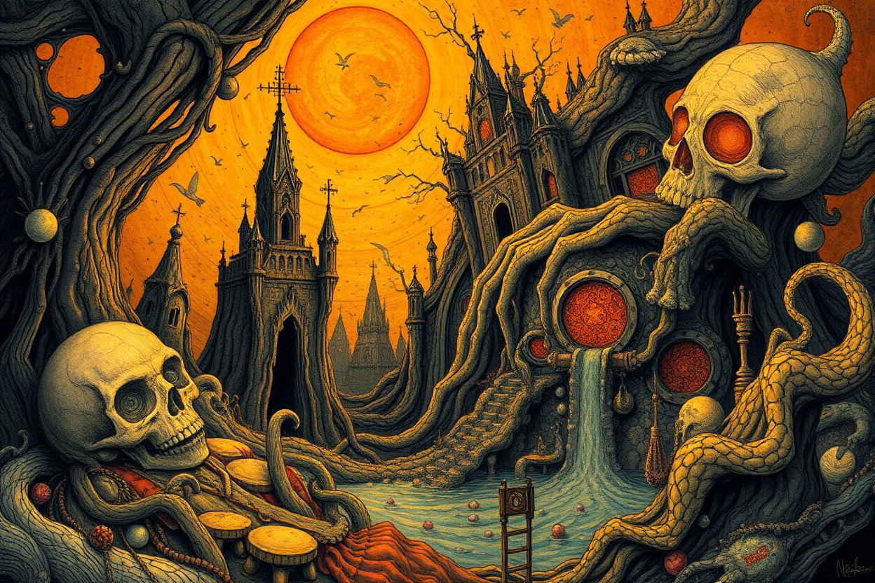 Surreal Gothic Landscape with Skulls and Twisted Trees