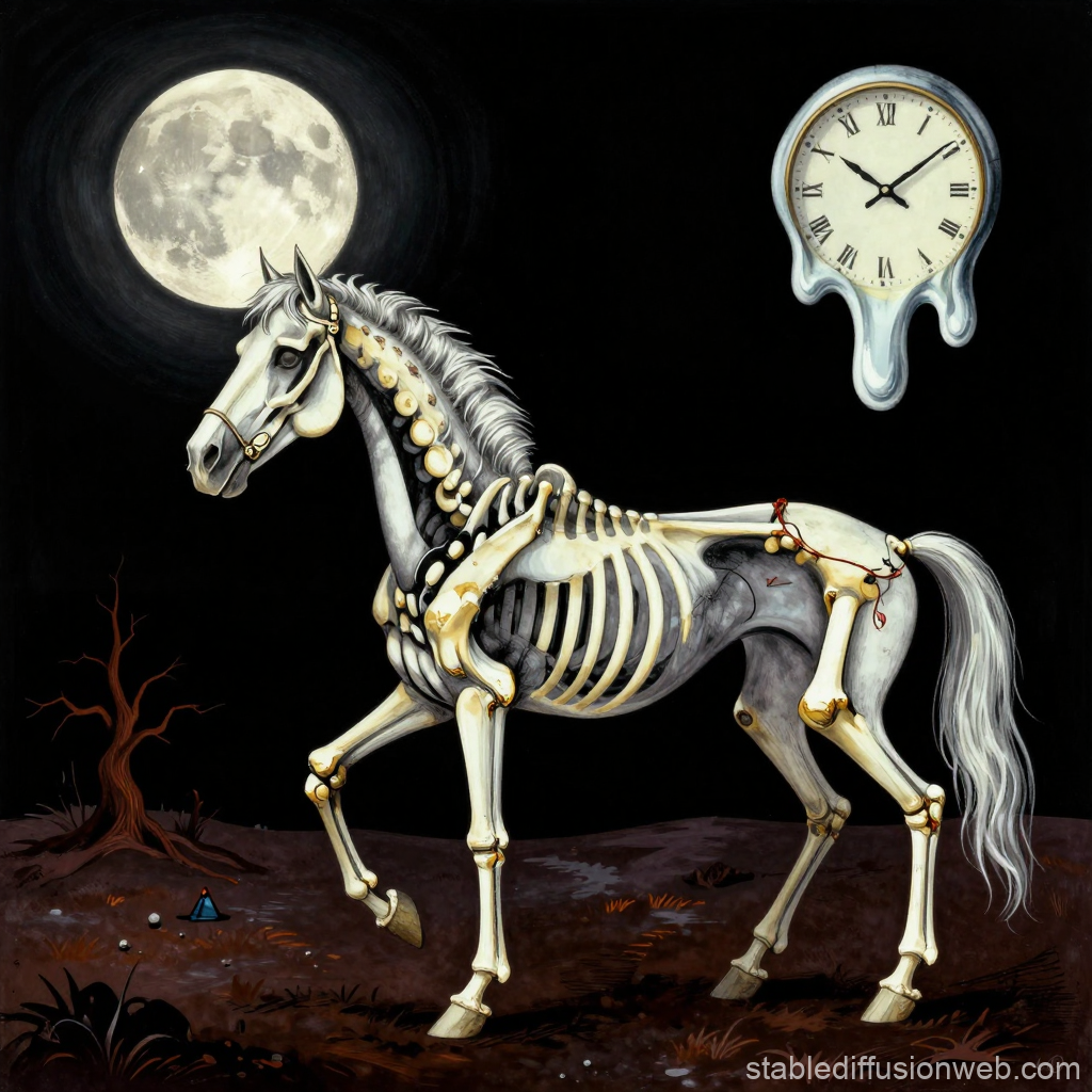 Surreal Gothic Skeleton Horse Under Full Moon