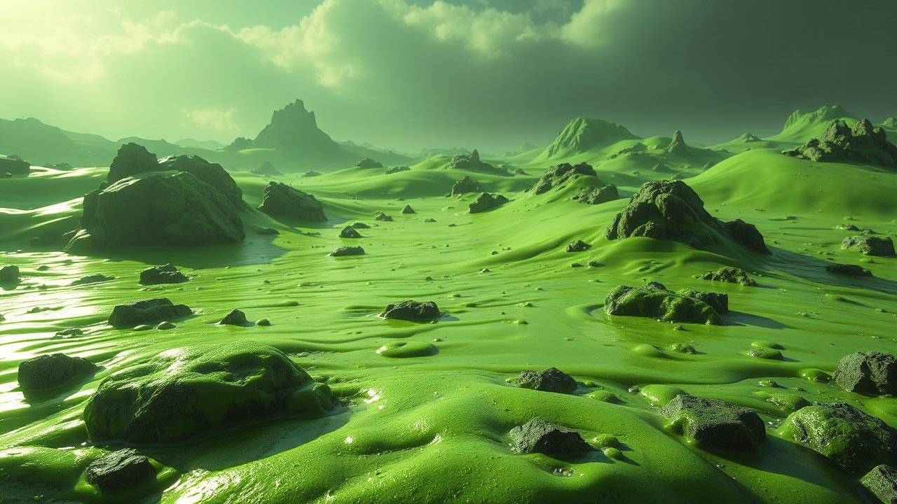 Surreal Green Alien Landscape with Rocky Terrain